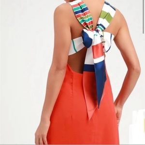 NWT Lulus Joyful Red Orange Multi Stripe Tie-Back Mini Dress